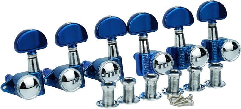 guyker Guitar Locking Tuners (3L + 3R) - 1:21 Gear Ratio High End Roto-Grip Rotomatic Lock String Tuning Key Pegs Machine Head with Big Handle Replacement Part(GK-D-502SP, Blue Chrome) - Image 1